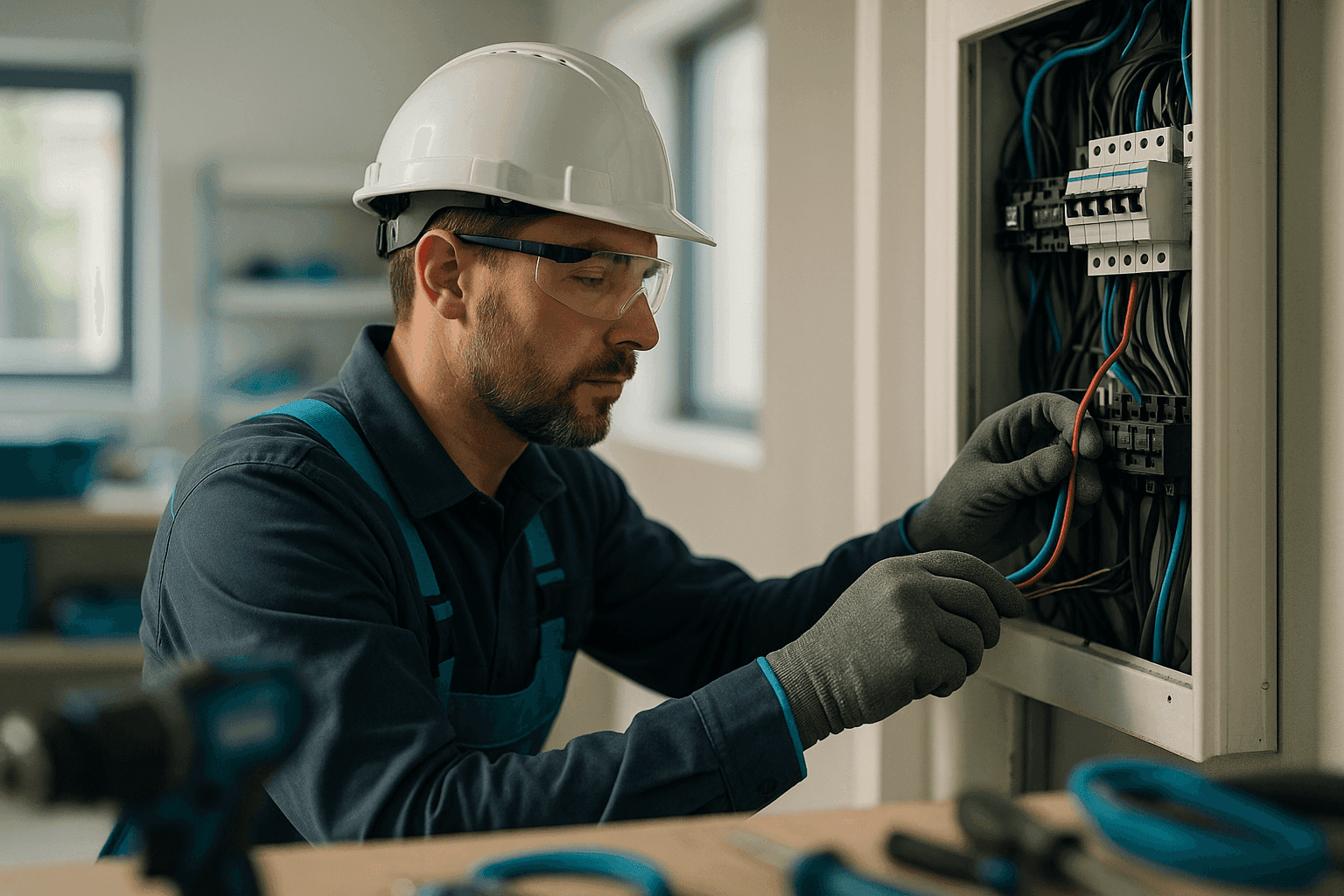 Electrician wearing safety gear working on electrical wiring at a clean job site